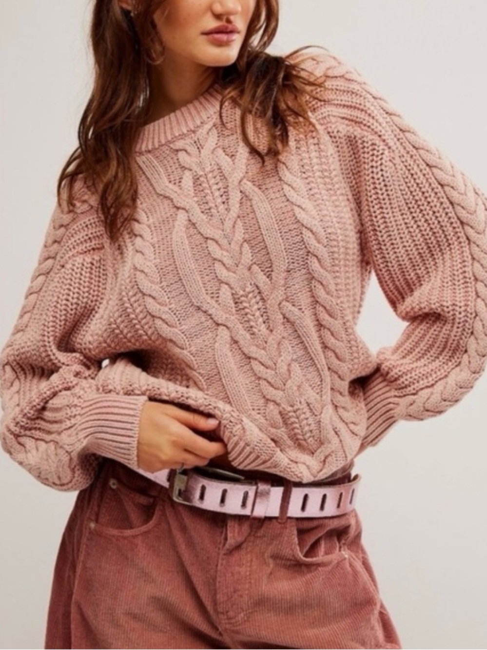 Free People Frankie Cable Knit Sweater Pink Chunky Pullover Coquette Cottage XL